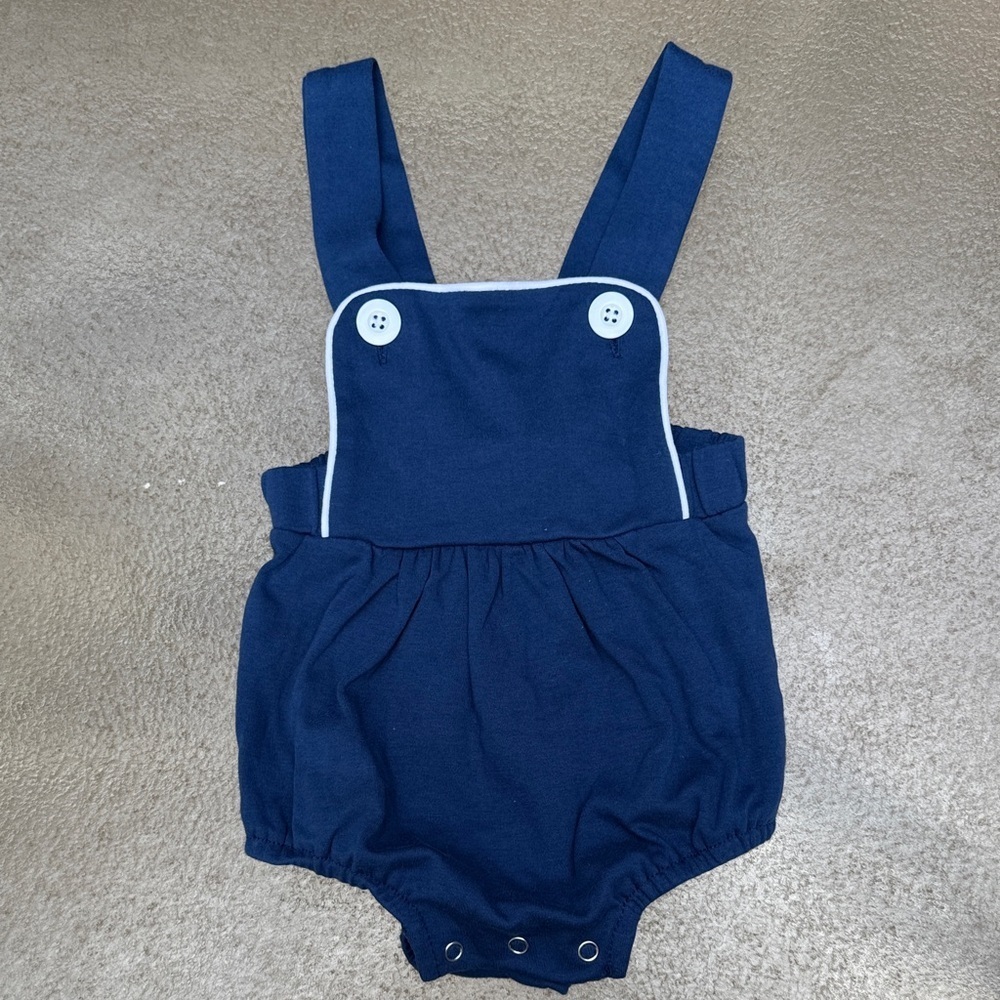 LTC Love That Cotton navy blue with white piping trim romper size 3mo